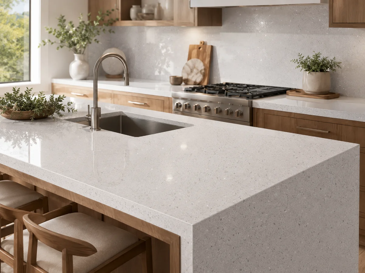 Crystal Series Quartz Stone white kitchen countertop with subtle sparkling surface in a modern residential kitchen