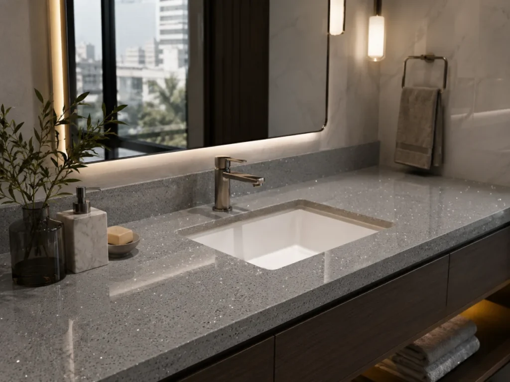 Crystal grey quartz stone bathroom vanity top with polished sparkling surface and modern mirror lighting