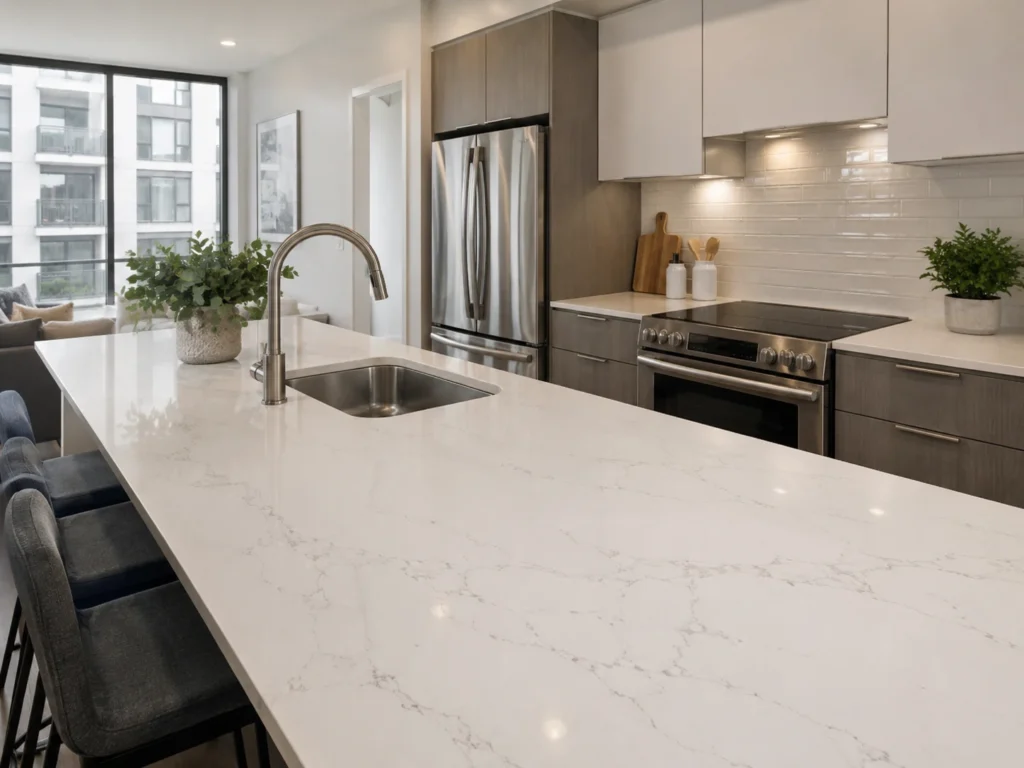 Modern apartment kitchen with white quartz countertops, stainless appliances, and clean interior design