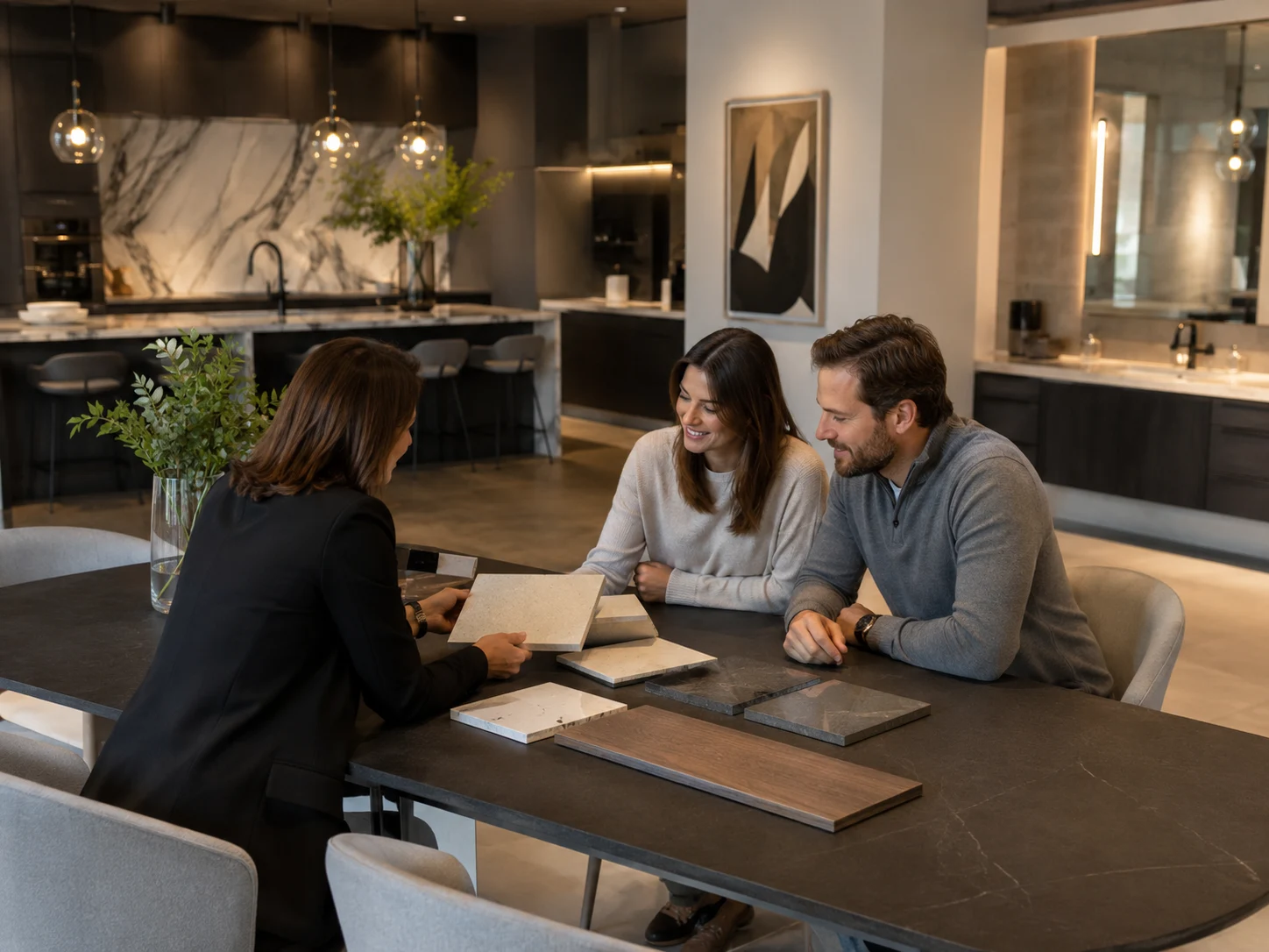 Interior designer presenting quartz samples for apartment upgrade packages in a modern showroom