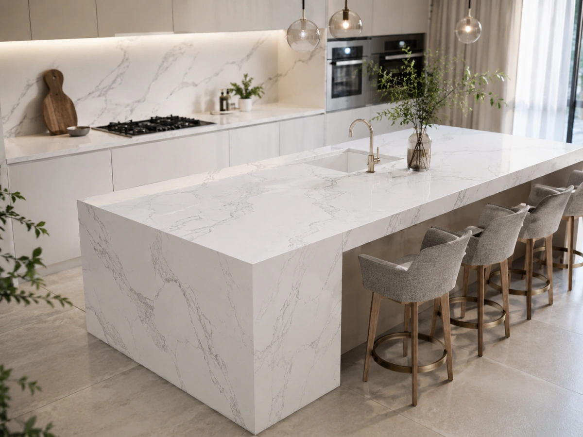 Calacatta quartz kitchen island with marble-look veining for luxury home interior design
