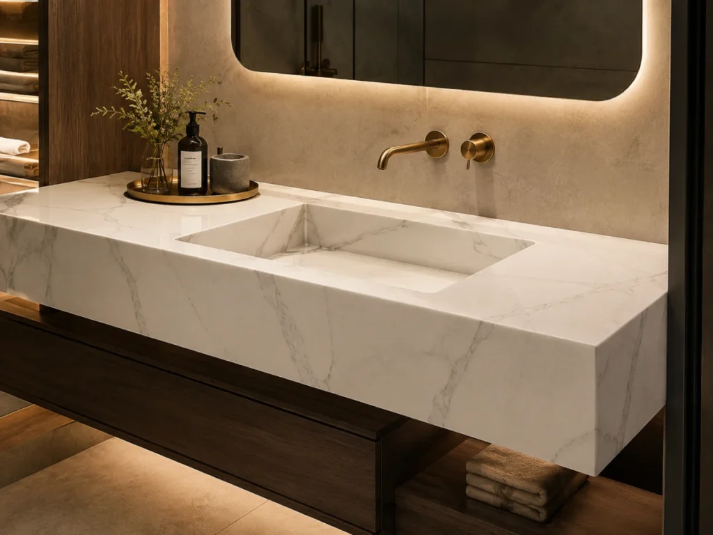 Luxury bathroom vanity top made with full body 3D printed quartz and seamless edge design