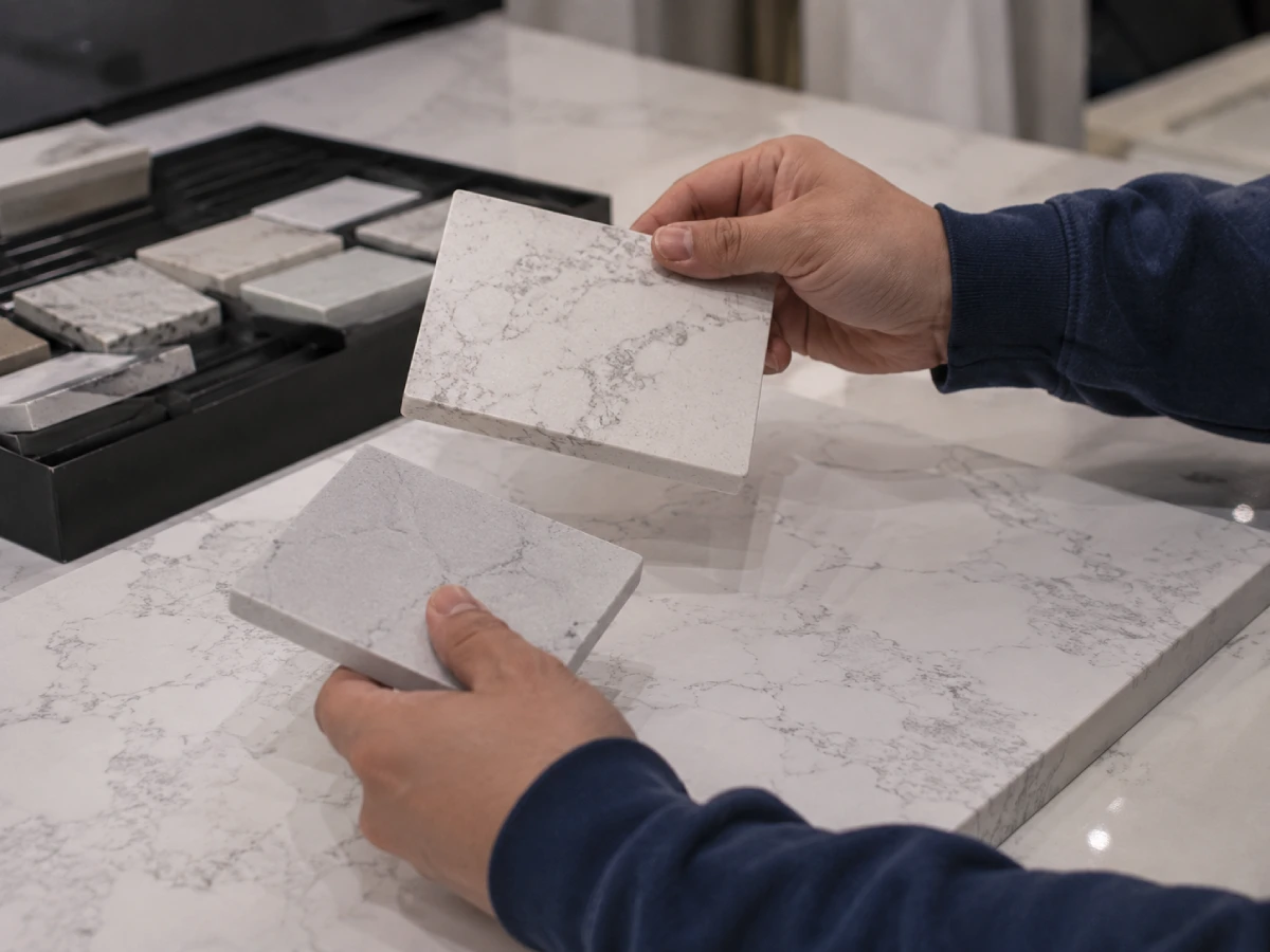Hands comparing full body 3D printed quartz samples for countertop edge and surface selection