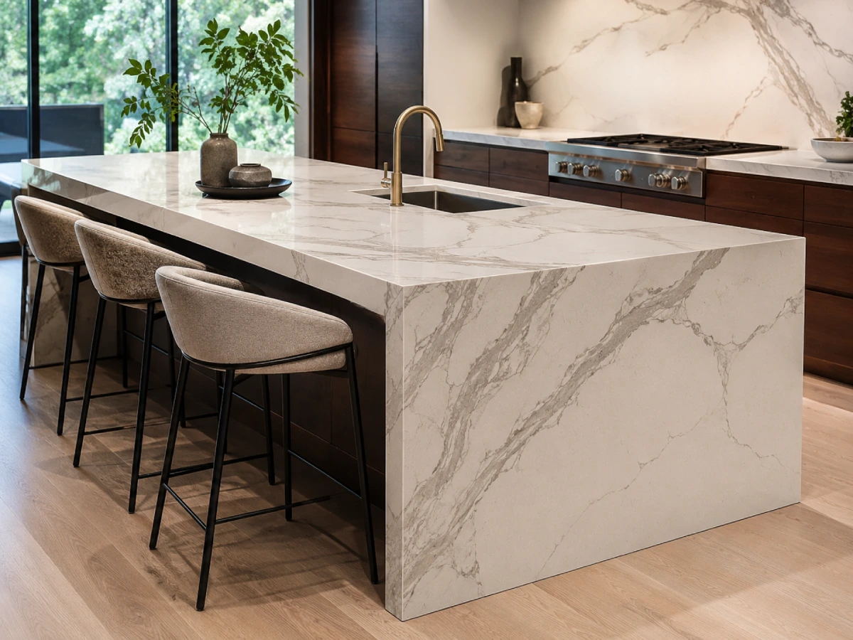 Full body 3D printed quartz waterfall kitchen island with continuous veining from surface to edge