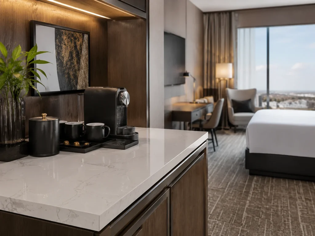 Modern hotel guest room with quartz minibar counter, coffee station, wood cabinetry, and premium interior design