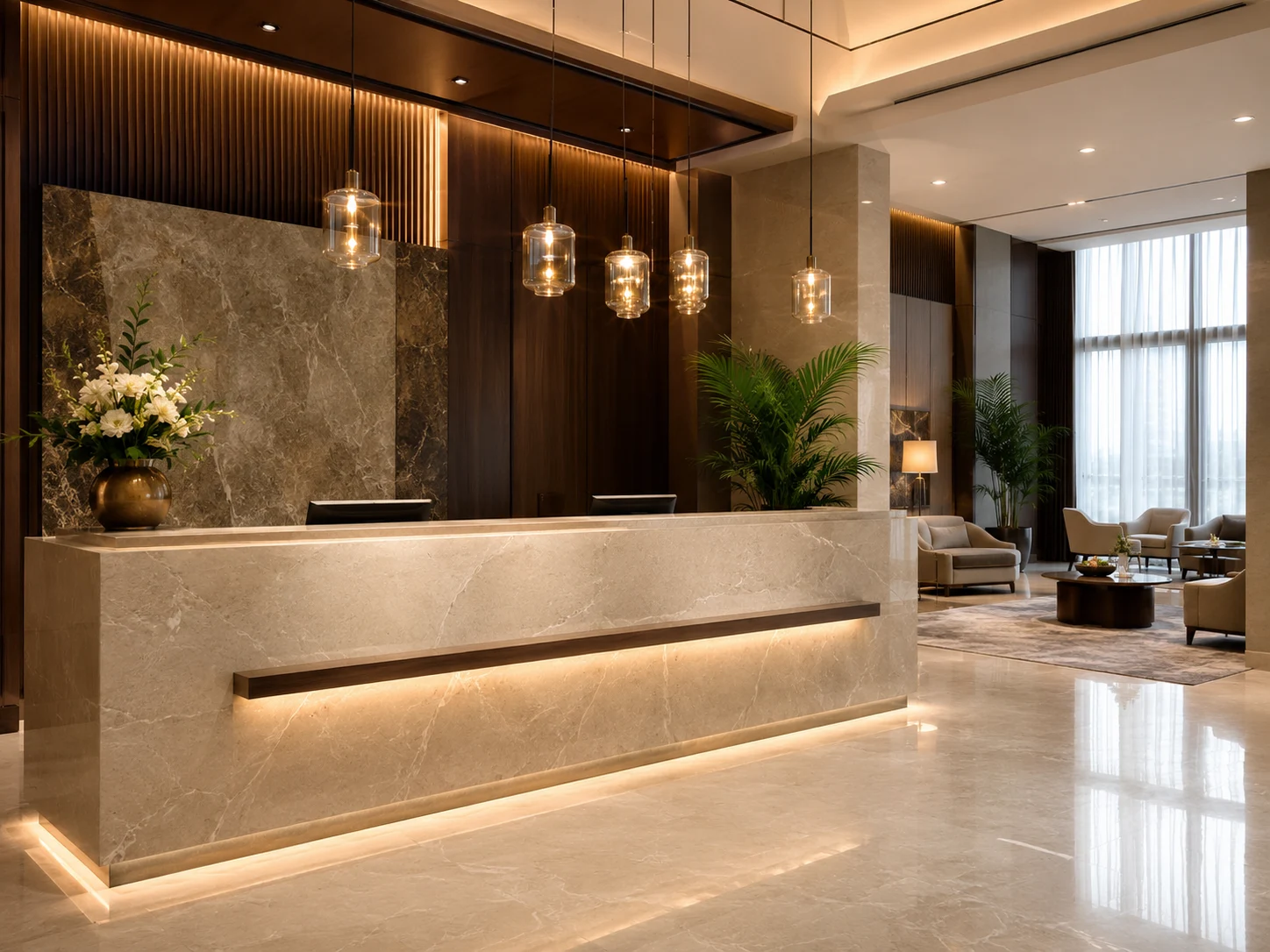High-end hotel lobby with quartz reception counter, warm lighting, lounge seating, and luxury hospitality design