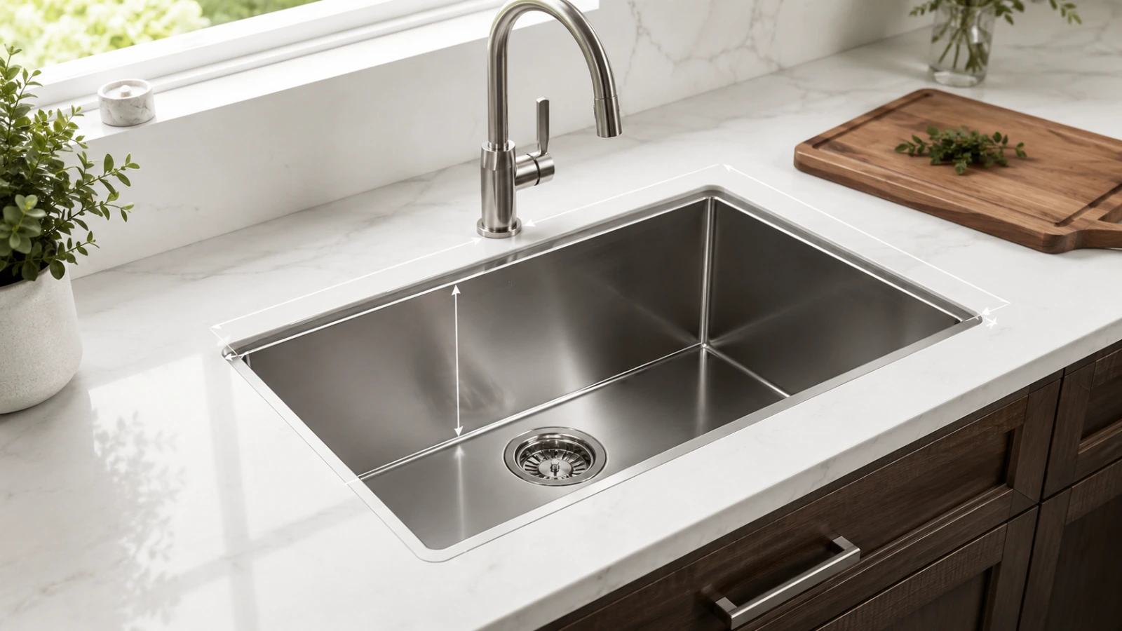 Modern stainless steel kitchen sink with size guide lines and undermount installation in a white countertop