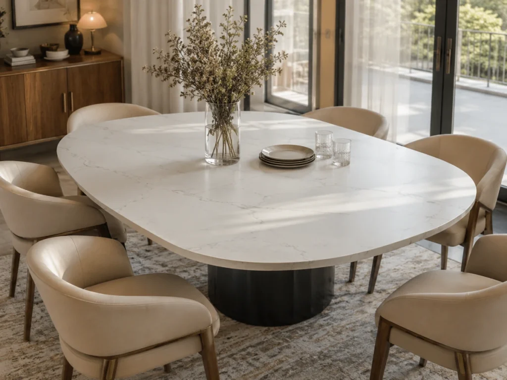 Marble veins quartz custom dining tabletop with rounded edges for modern residential interiors