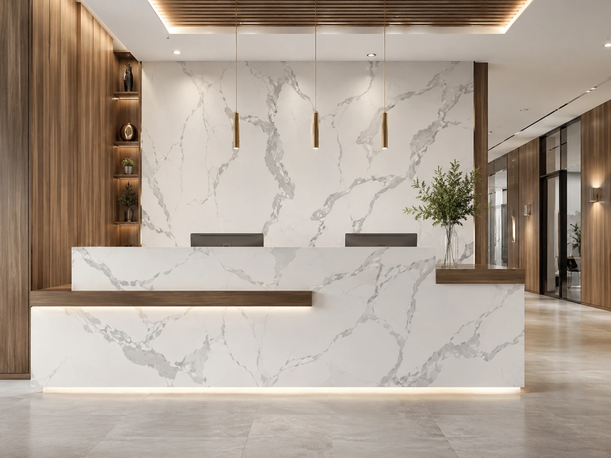 Marble veins quartz reception counter with matching wall panels for commercial interior projects