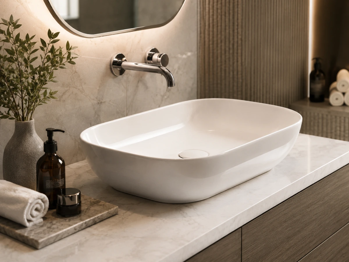 White ceramic bathroom sink on a modern vanity with stone-look surface and warm luxury bathroom lighting