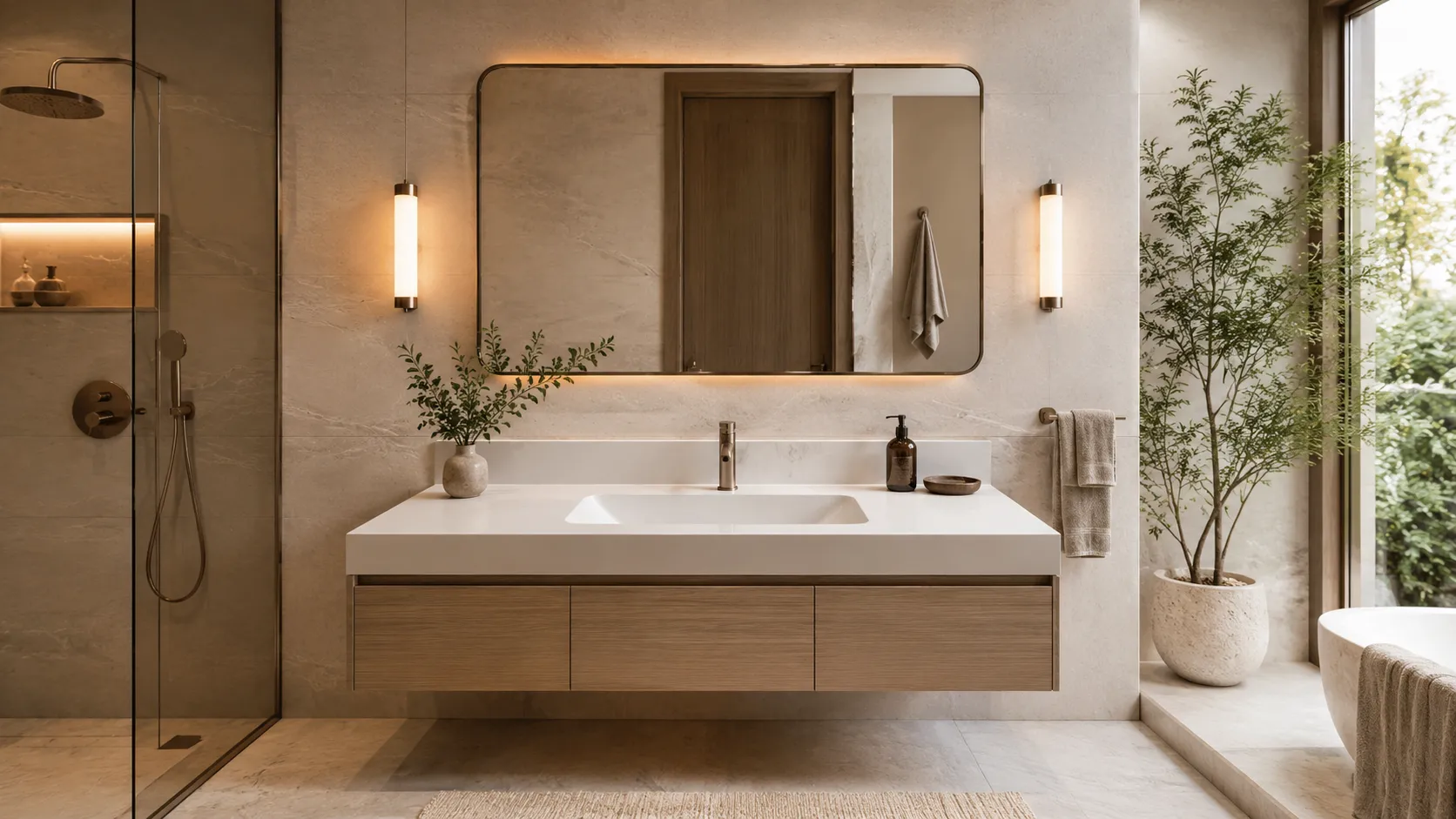 Modern bathroom ceramic sink installed in a floating vanity with mirror lighting and space-saving bathroom layout