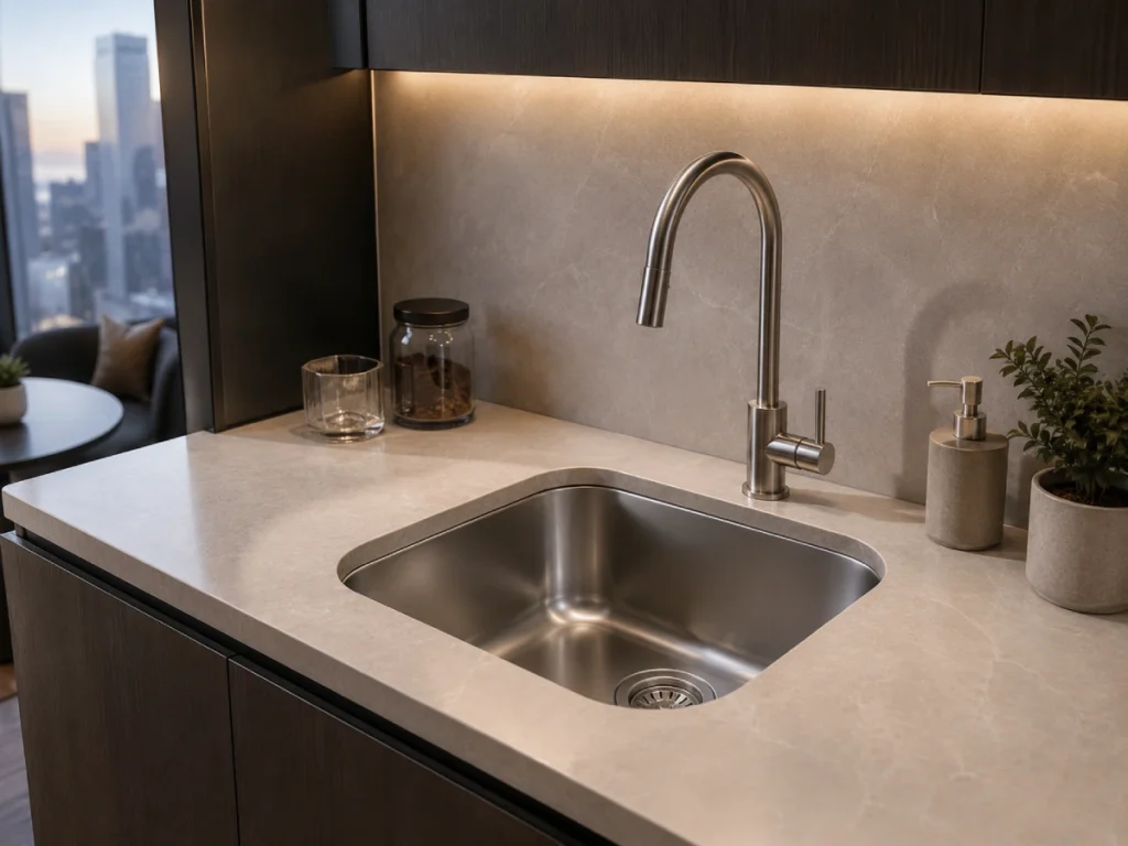 Compact stainless steel kitchen sink for hospitality suites, pantry areas, and modern project kitchens