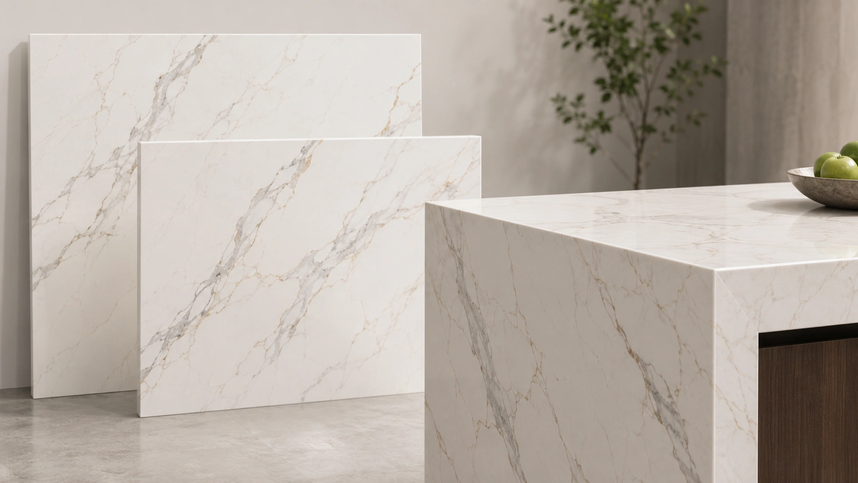 Full body 3D printed quartz slabs and thick-edge quartz surface display with continuous marble-look veining