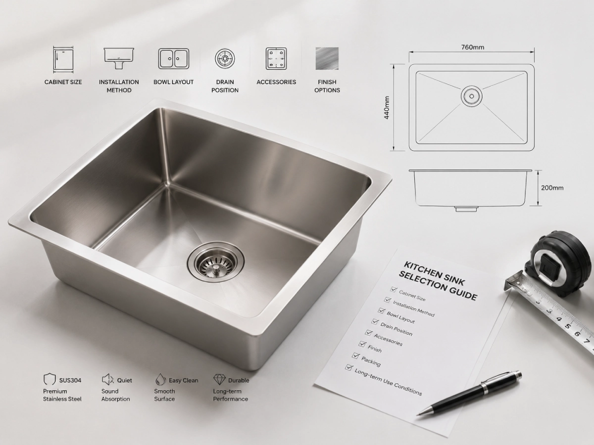 Stainless steel kitchen sink with specification drawings and selection checklist for project planning