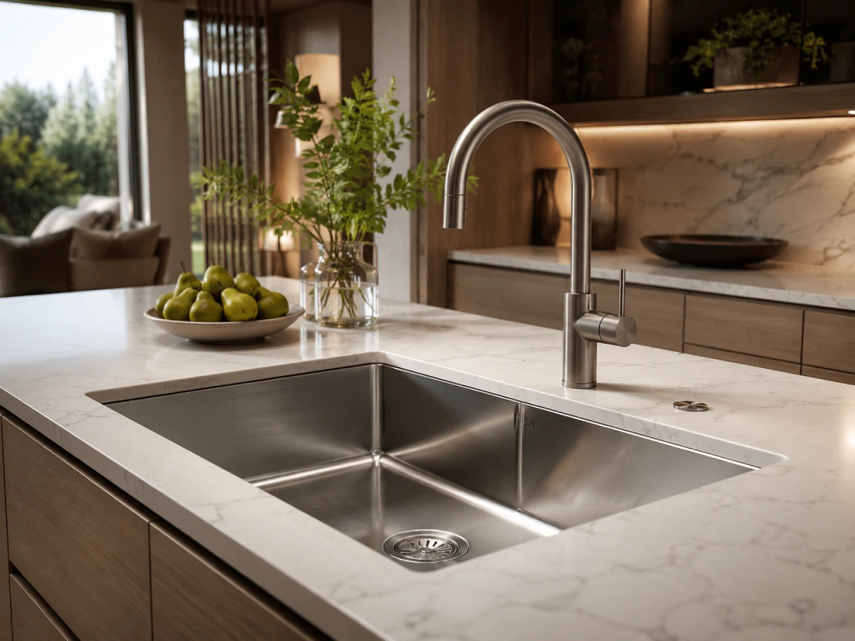 Modern stainless steel kitchen sink installed in a luxury kitchen with marble-look surface and warm wood cabinets
