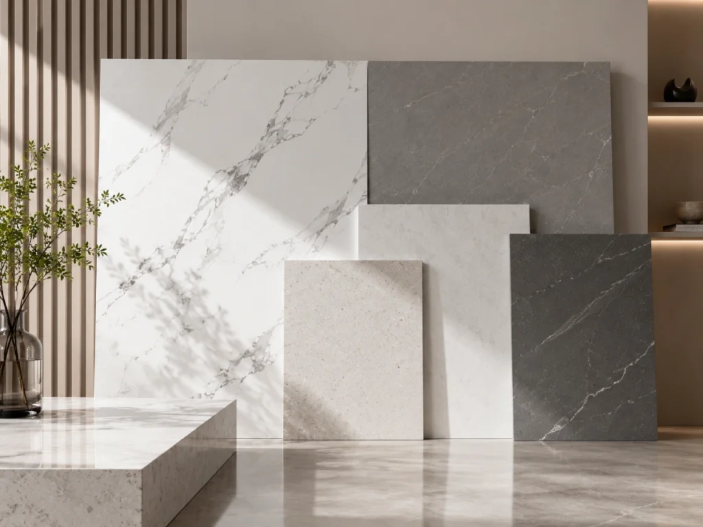 Premium quartz slab samples displayed in a high-end showroom for material selection and project planning