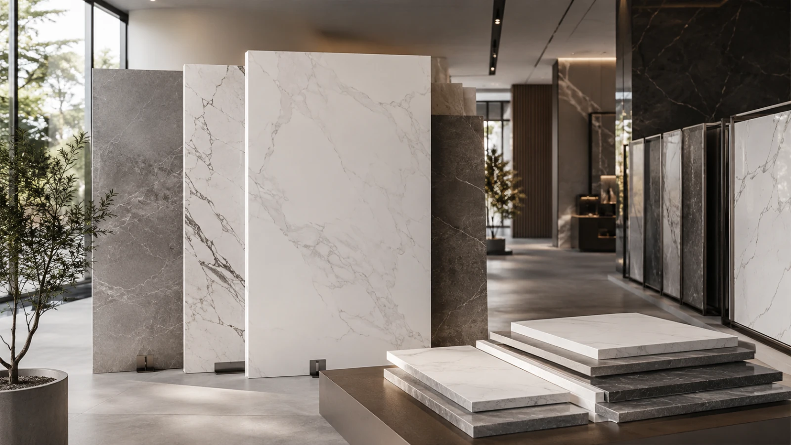 Large quartz slabs and thickness samples displayed in a premium showroom for size and thickness selection