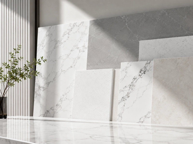 Premium quartz slabs displayed in a modern showroom with white marble-look and grey engineered stone surfaces