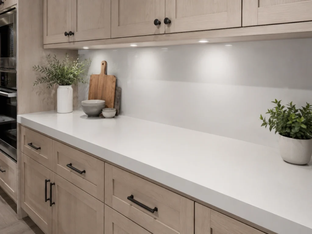 Pure white quartz cabinet-matched countertop with clean solid-color surface for modern kitchen projects