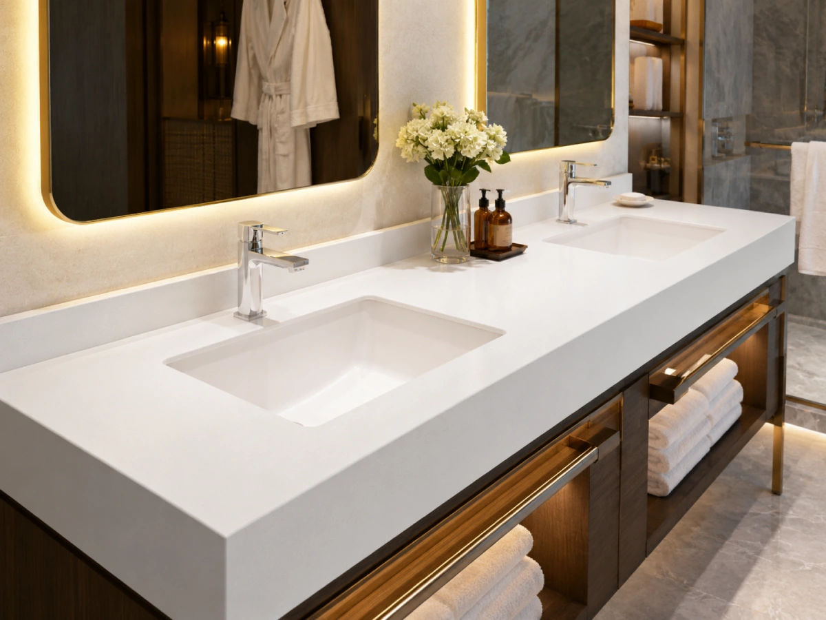 Pure white quartz hotel bathroom vanity top with double sink design and premium interior lighting