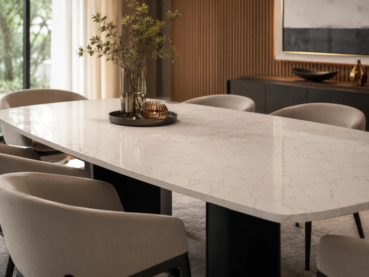 Quartz countertop surface used as a custom dining tabletop for modern interior projects