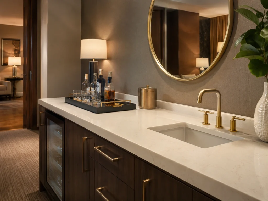 Quartz countertop used for hotel vanity and wet bar area with warm interior lighting